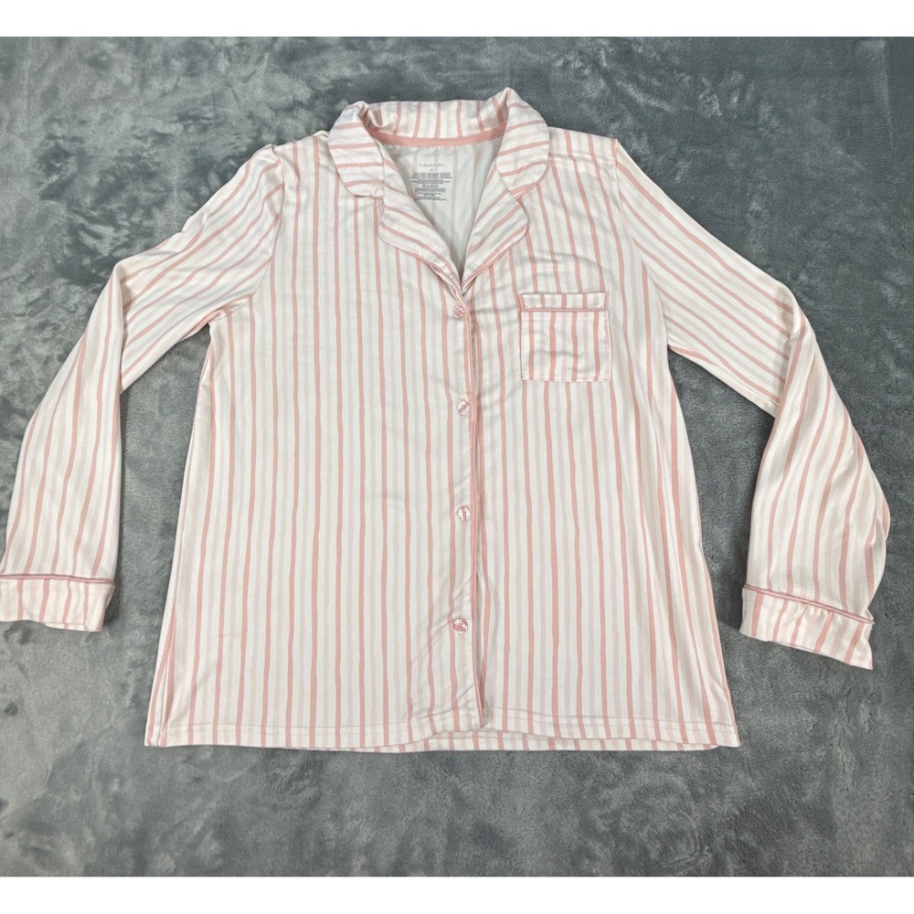 Tahari Womens Pink White Striped Button Down Pajama Top Long Sleeve Medium‎